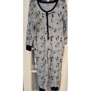 LL Bean Women’s PM Long John Waffle Cotton One Piece Union Jack Sledding Dog